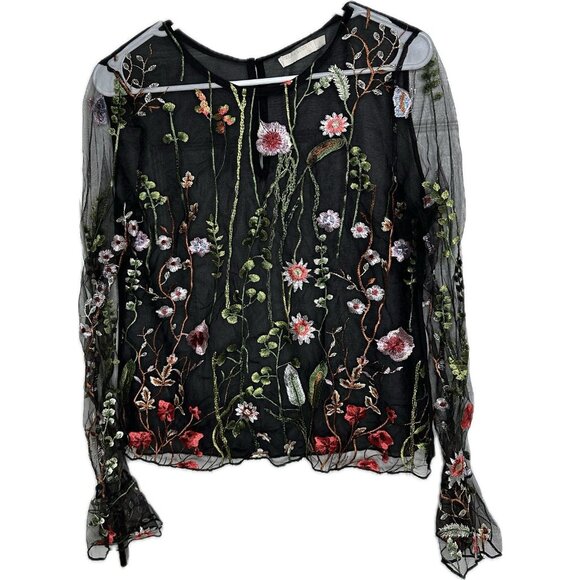 Vera & Lucy black floral sheer long sleeve blouse L - Picture 2 of 7